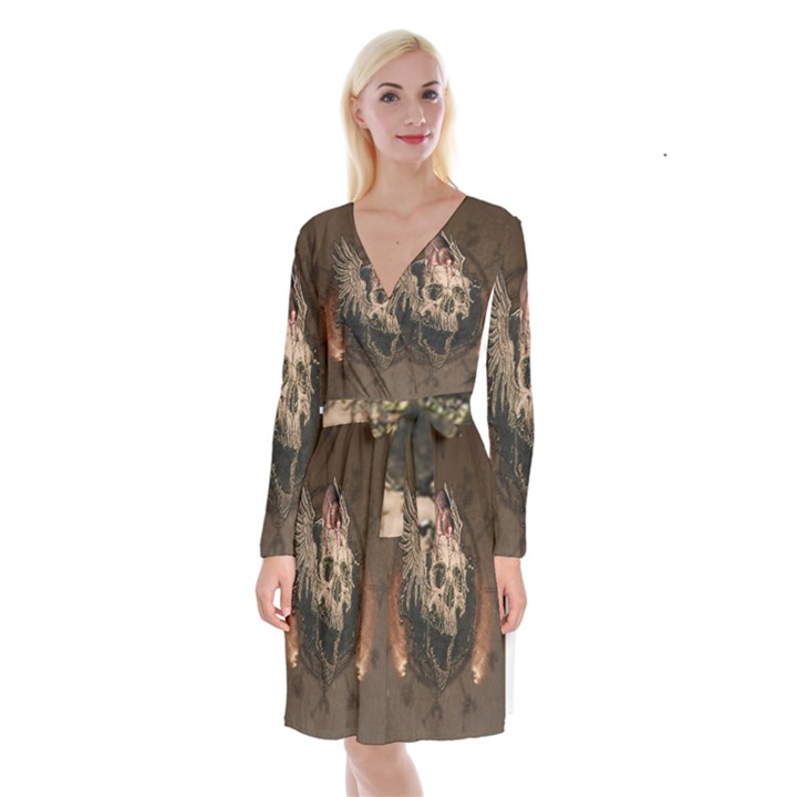 Awesome Creepy Skull With Rat And Wings Long Sleeve Velvet Front Wrap Dress