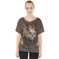 Awesome Creepy Skull With Rat And Wings V-neck Dolman Drape Top