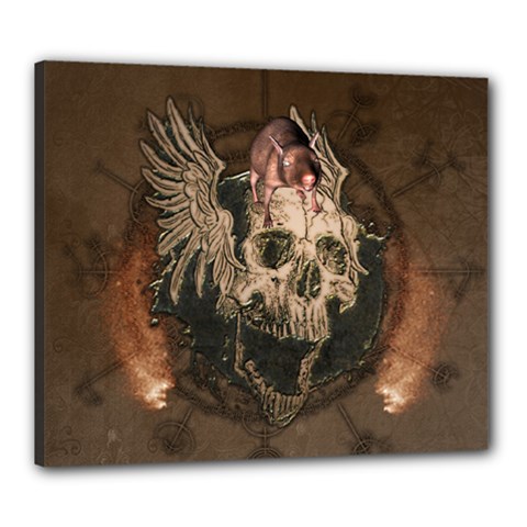 Awesome Creepy Skull With Rat And Wings Canvas 24  X 20 