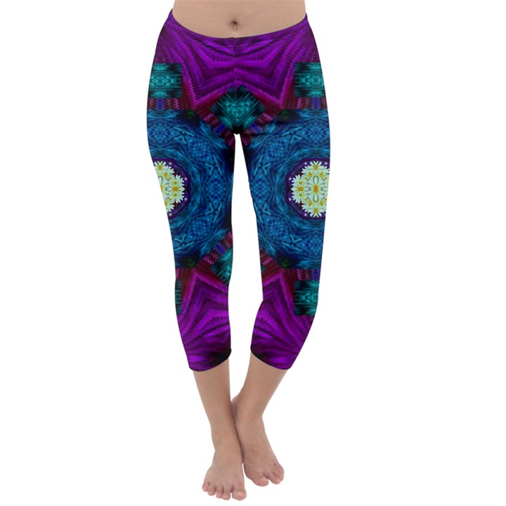 Sunshine Mandala And Fantasy Snow Floral Capri Winter Leggings 