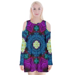 Sunshine Mandala And Fantasy Snow Floral Velvet Long Sleeve Shoulder Cutout Dress by pepitasart