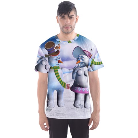 Funny, Cute Snowman And Snow Women In A Winter Landscape Men s Sports Mesh Tee by FantasyWorld7