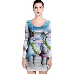 Funny, Cute Snowman And Snow Women In A Winter Landscape Long Sleeve Bodycon Dress by FantasyWorld7