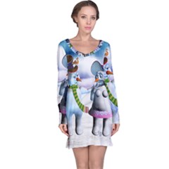 Funny, Cute Snowman And Snow Women In A Winter Landscape Long Sleeve Nightdress by FantasyWorld7