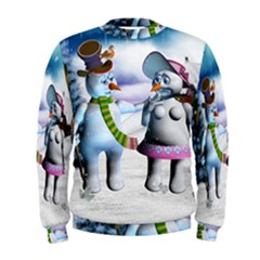 Funny, Cute Snowman And Snow Women In A Winter Landscape Men s Sweatshirt by FantasyWorld7