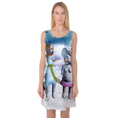 Funny, Cute Snowman And Snow Women In A Winter Landscape Sleeveless Satin Nightdress by FantasyWorld7