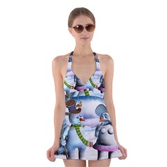 Funny, Cute Snowman And Snow Women In A Winter Landscape Halter Dress Swimsuit  by FantasyWorld7