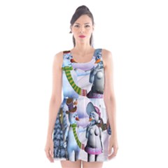 Funny, Cute Snowman And Snow Women In A Winter Landscape Scoop Neck Skater Dress by FantasyWorld7