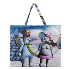 Funny, Cute Snowman And Snow Women In A Winter Landscape Zipper Large Tote Bag by FantasyWorld7