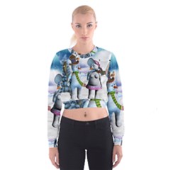 Funny, Cute Snowman And Snow Women In A Winter Landscape Cropped Sweatshirt by FantasyWorld7