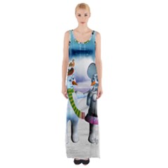 Funny, Cute Snowman And Snow Women In A Winter Landscape Maxi Thigh Split Dress by FantasyWorld7