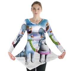 Funny, Cute Snowman And Snow Women In A Winter Landscape Long Sleeve Tunic  by FantasyWorld7