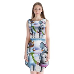 Funny, Cute Snowman And Snow Women In A Winter Landscape Sleeveless Chiffon Dress   by FantasyWorld7