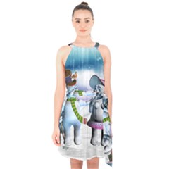 Funny, Cute Snowman And Snow Women In A Winter Landscape Halter Collar Waist Tie Chiffon Dress by FantasyWorld7