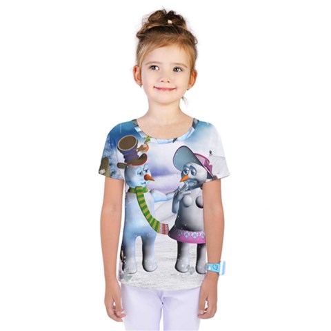 Funny, Cute Snowman And Snow Women In A Winter Landscape Kids  One Piece Tee by FantasyWorld7