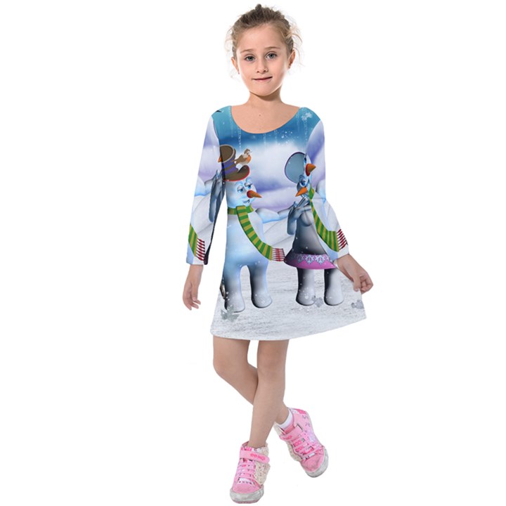 Funny, Cute Snowman And Snow Women In A Winter Landscape Kids  Long Sleeve Velvet Dress