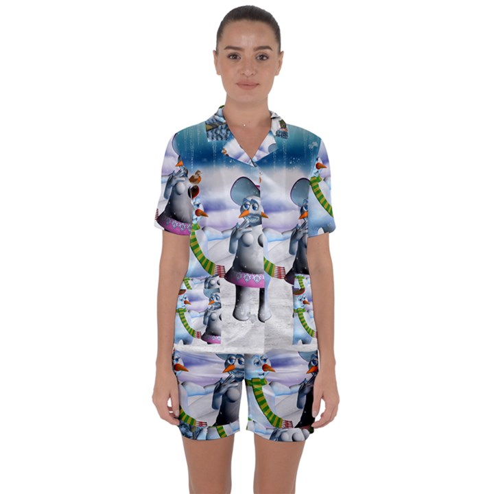 Funny, Cute Snowman And Snow Women In A Winter Landscape Satin Short Sleeve Pyjamas Set