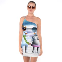 Funny, Cute Snowman And Snow Women In A Winter Landscape One Soulder Bodycon Dress by FantasyWorld7