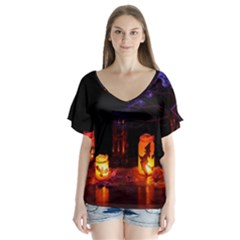 Awaiting Halloween Night V-neck Flutter Sleeve Top