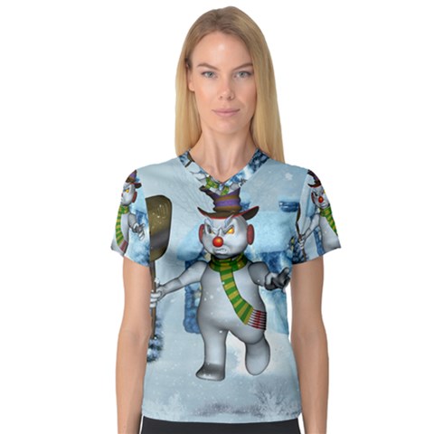 Funny Grimly Snowman In A Winter Landscape V-neck Sport Mesh Tee by FantasyWorld7