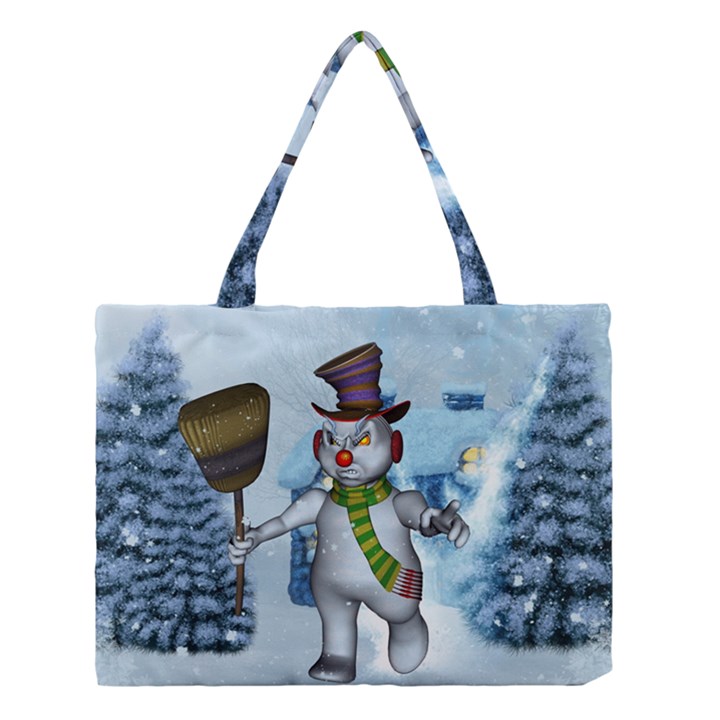 Funny Grimly Snowman In A Winter Landscape Medium Tote Bag