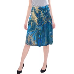 Ocean Blue Gold Marble Midi Beach Skirt by NouveauDesign