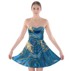 Ocean Blue Gold Marble Strapless Bra Top Dress by NouveauDesign