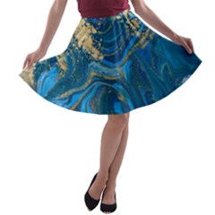 Ocean Blue Gold Marble A-line Skater Skirt by NouveauDesign