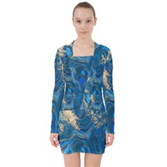 Ocean Blue Gold Marble V-neck Bodycon Long Sleeve Dress