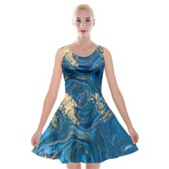 Ocean Blue Gold Marble Velvet Skater Dress by NouveauDesign