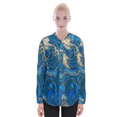 Ocean Blue Gold Marble Womens Long Sleeve Shirt