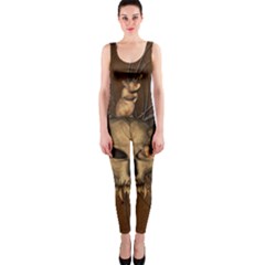 Awesome Skull With Rat On Vintage Background Onepiece Catsuit by FantasyWorld7