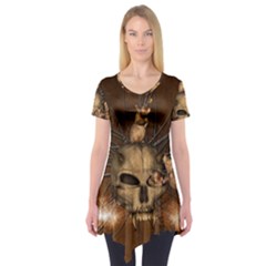 Awesome Skull With Rat On Vintage Background Short Sleeve Tunic  by FantasyWorld7