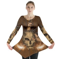 Awesome Skull With Rat On Vintage Background Long Sleeve Tunic  by FantasyWorld7