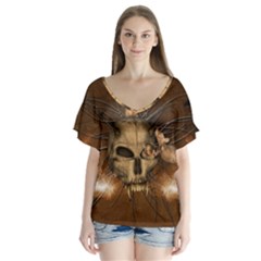 Awesome Skull With Rat On Vintage Background V-neck Flutter Sleeve Top by FantasyWorld7