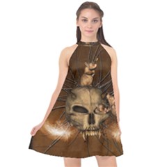 Awesome Skull With Rat On Vintage Background Halter Neckline Chiffon Dress  by FantasyWorld7