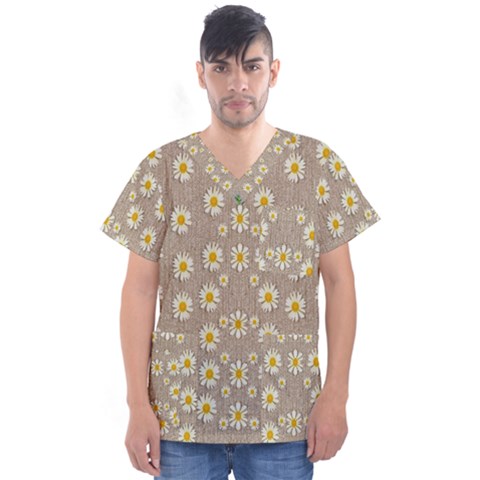 Star Fall Of Fantasy Flowers On Pearl Lace Men s V-neck Scrub Top by pepitasart