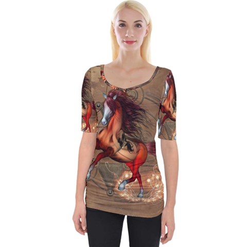 Awesome Horse  With Skull In Red Colors Wide Neckline Tee by FantasyWorld7