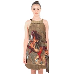 Awesome Horse  With Skull In Red Colors Halter Collar Waist Tie Chiffon Dress by FantasyWorld7