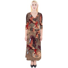 Awesome Horse  With Skull In Red Colors Quarter Sleeve Wrap Maxi Dress