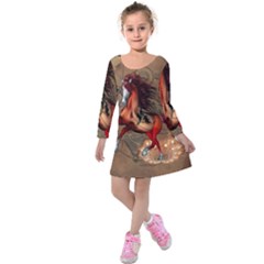 Awesome Horse  With Skull In Red Colors Kids  Long Sleeve Velvet Dress by FantasyWorld7