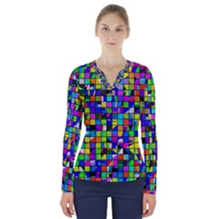 Colorful Squares Pattern                              V-neck Long Sleeve Top