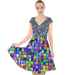 Colorful Squares Pattern                               Cap Sleeve Front Wrap Midi Dress