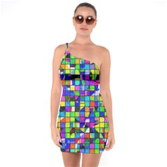 Colorful Squares Pattern                     One Shoulder Ring Trim Bodycon Dress