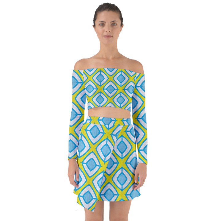 Blue rhombus pattern                                   Off Shoulder Top with Skirt Set