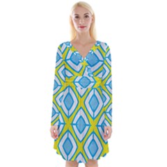 Blue Rhombus Pattern                                   Long Sleeve Front Wrap Dress by LalyLauraFLM