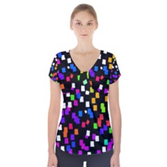 Colorful Rectangles On A Black Background                                    Short Sleeve Front Detail Top