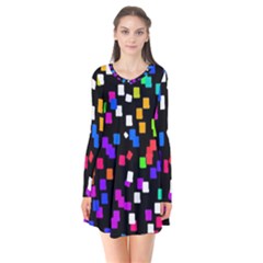 Colorful Rectangles On A Black Background                         Long Sleeve V-neck Flare Dress by LalyLauraFLM