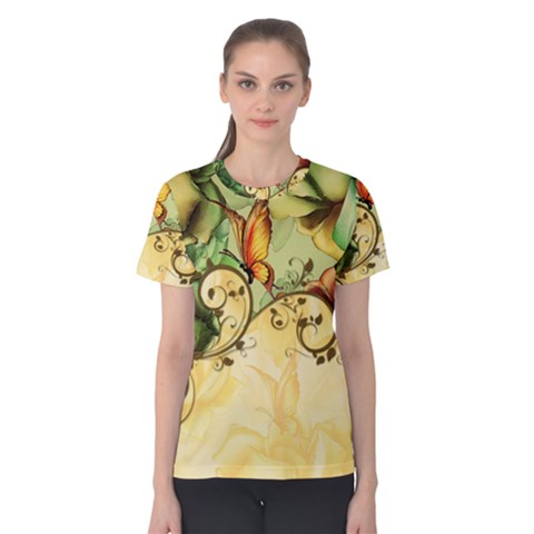 Wonderful Flowers With Butterflies, Colorful Design Women s Cotton Tee by FantasyWorld7