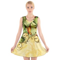 Wonderful Flowers With Butterflies, Colorful Design V-neck Sleeveless Skater Dress by FantasyWorld7